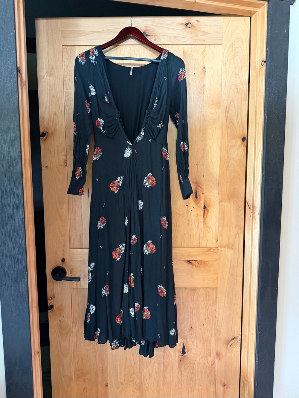 Free People Black Maxi Dress with Red and White Floral Print